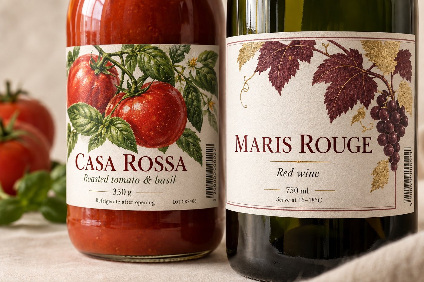 Food and beverage labels on a sauce jar and a wine bottle