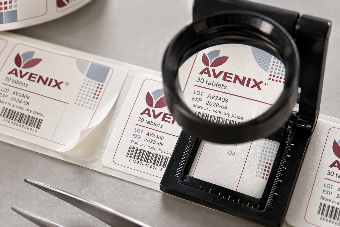 A pharmaceutical label under inspection at Etalex