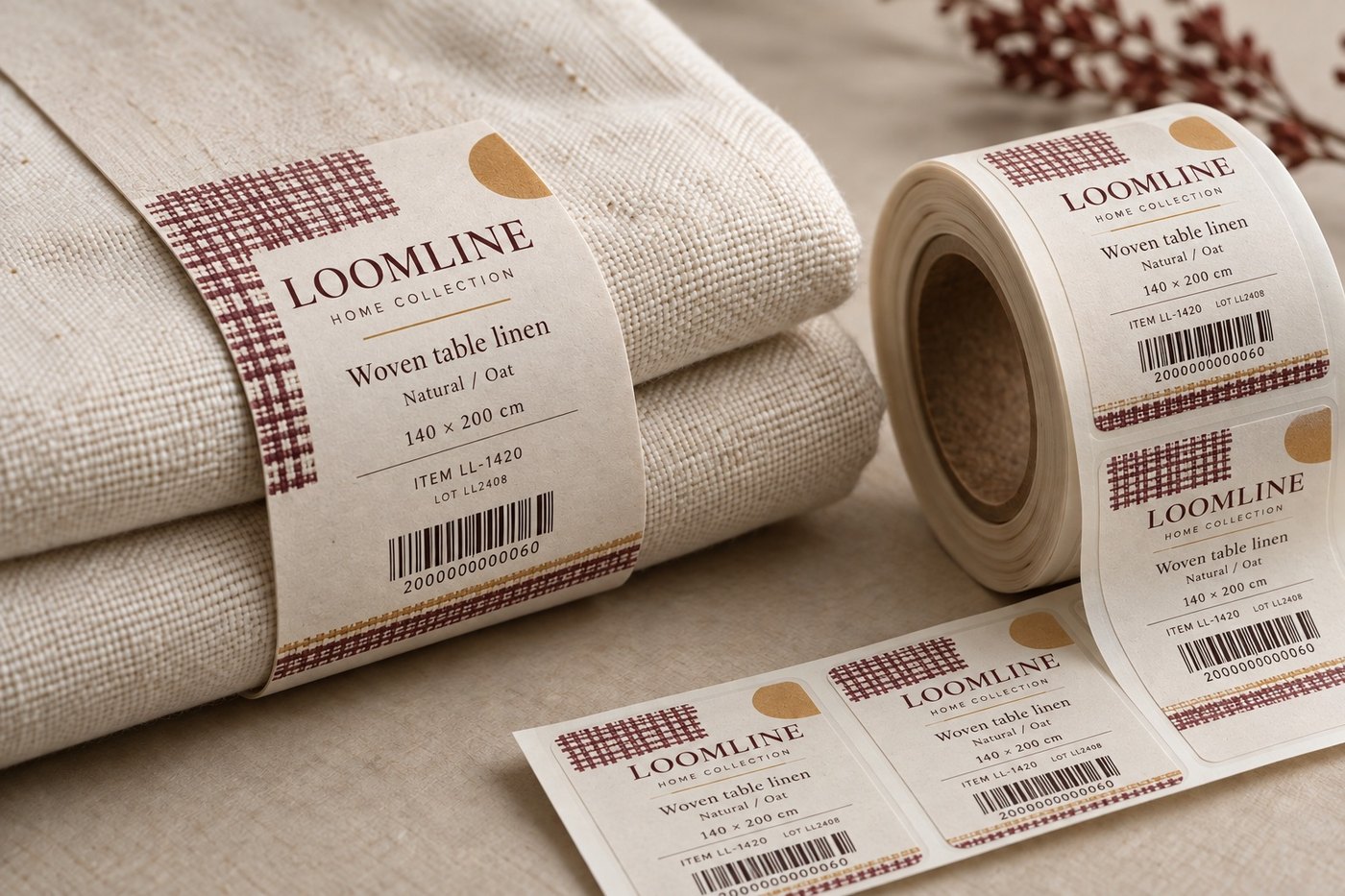 Woven textile labels and a label roll on folded linen